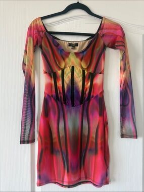 Multicolor Sheer Long-Sleeve Bodycon Dress - Pink/Red
